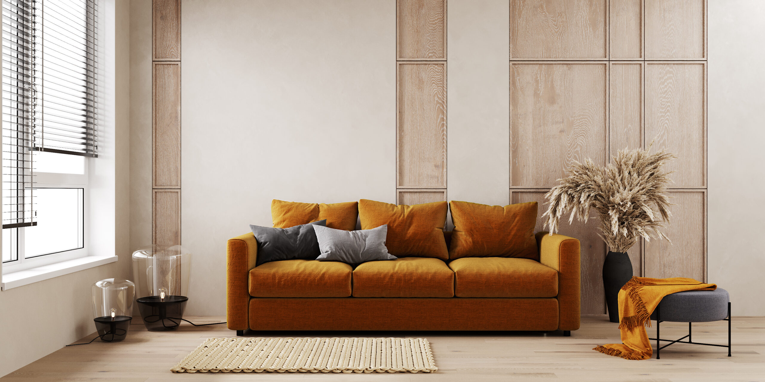 Home interior mock-up with orange sofa, floor lamp and pampas grass in living room, 3d render